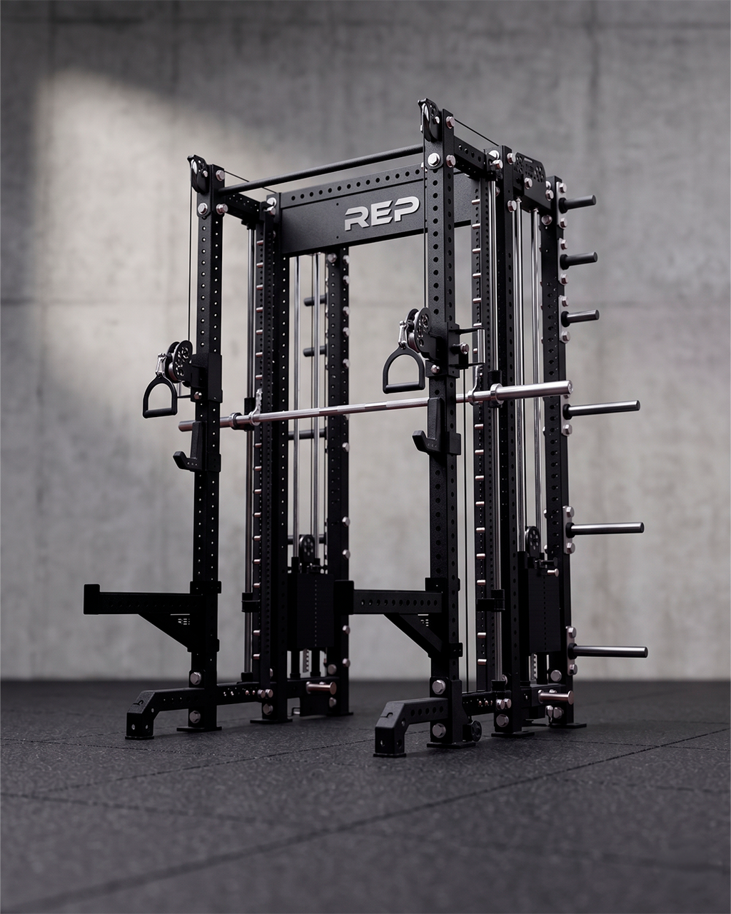 SUMMIT Rack 4 Post - Metallic Black 93" Height  Dual Athena and Inside Smith Machine