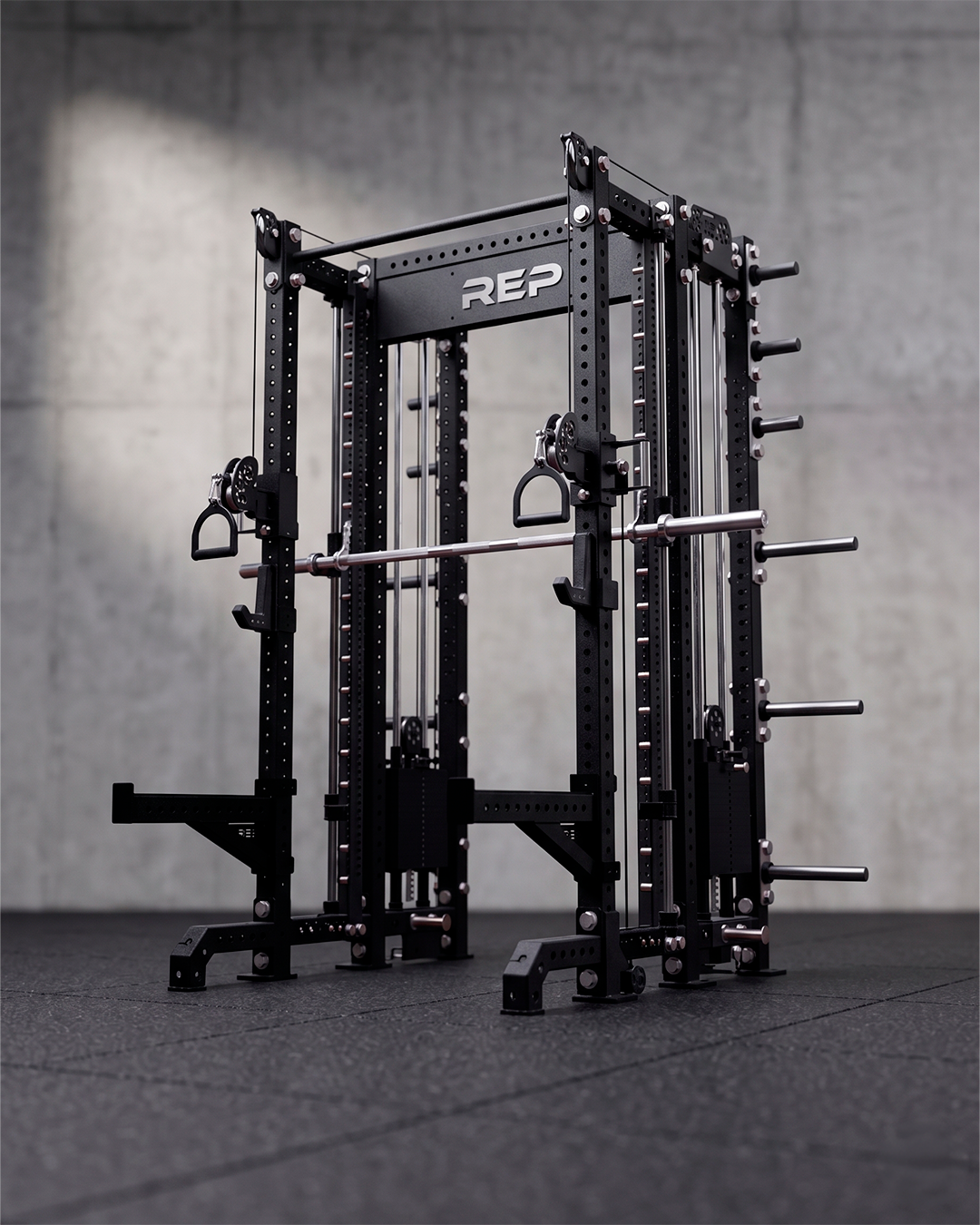 SUMMIT Rack 4 Post - Metallic Black 93" Height  Dual Athena and Inside Smith Machine