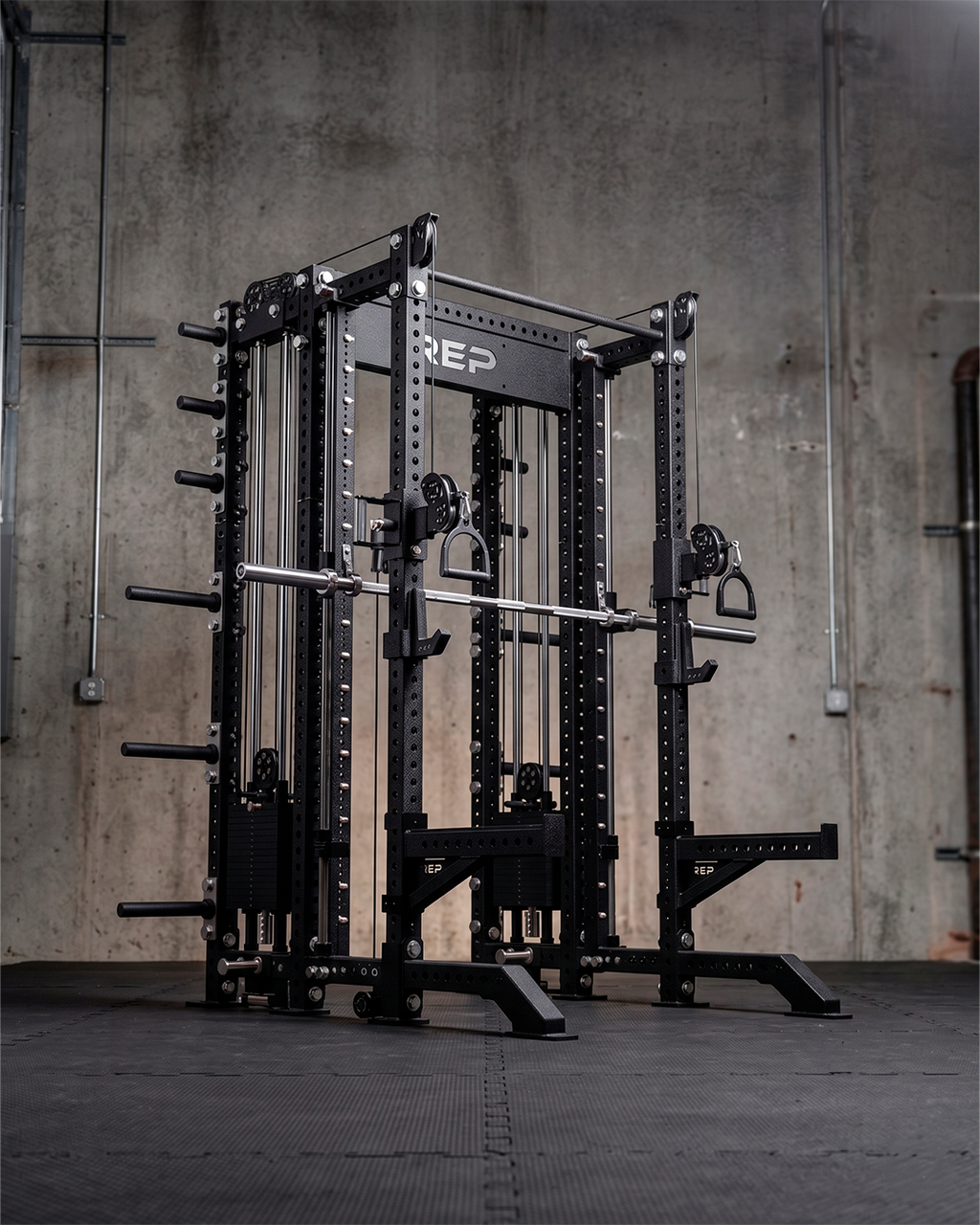 SUMMIT Rack 4 Post - Metallic Black 80" Height  Dual Athena and Inside Smith Machine