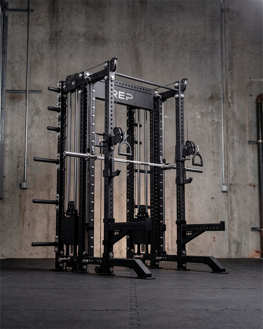 SUMMIT Rack 4 Post - Metallic Black 80" Height  Dual Athena and Inside Smith Machine