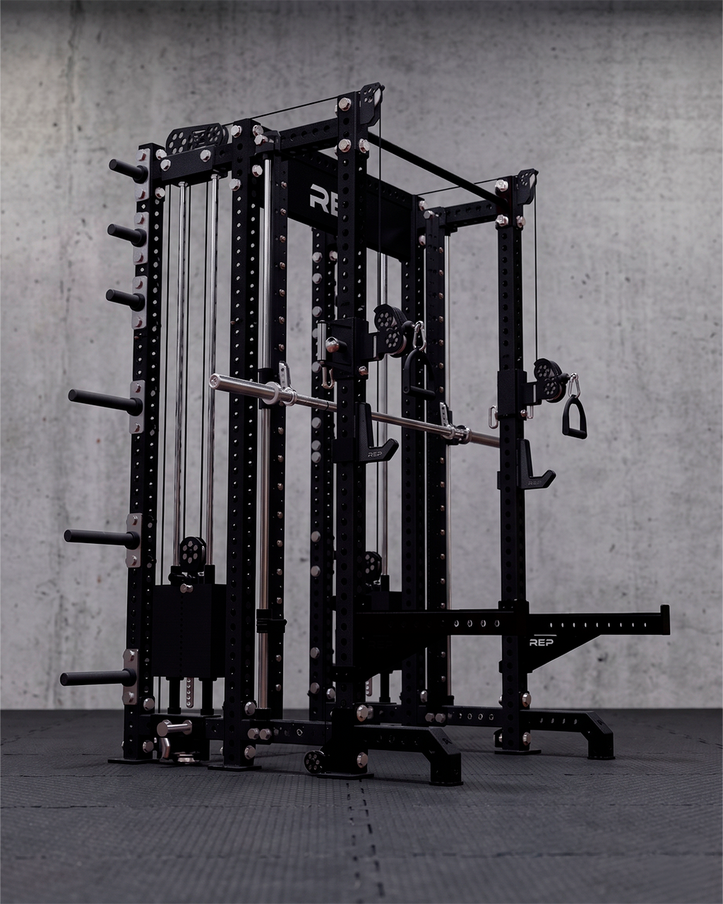 SUMMIT Rack 4 Post - Metallic Black 93" Height  Dual Athena and Inside Smith Machine