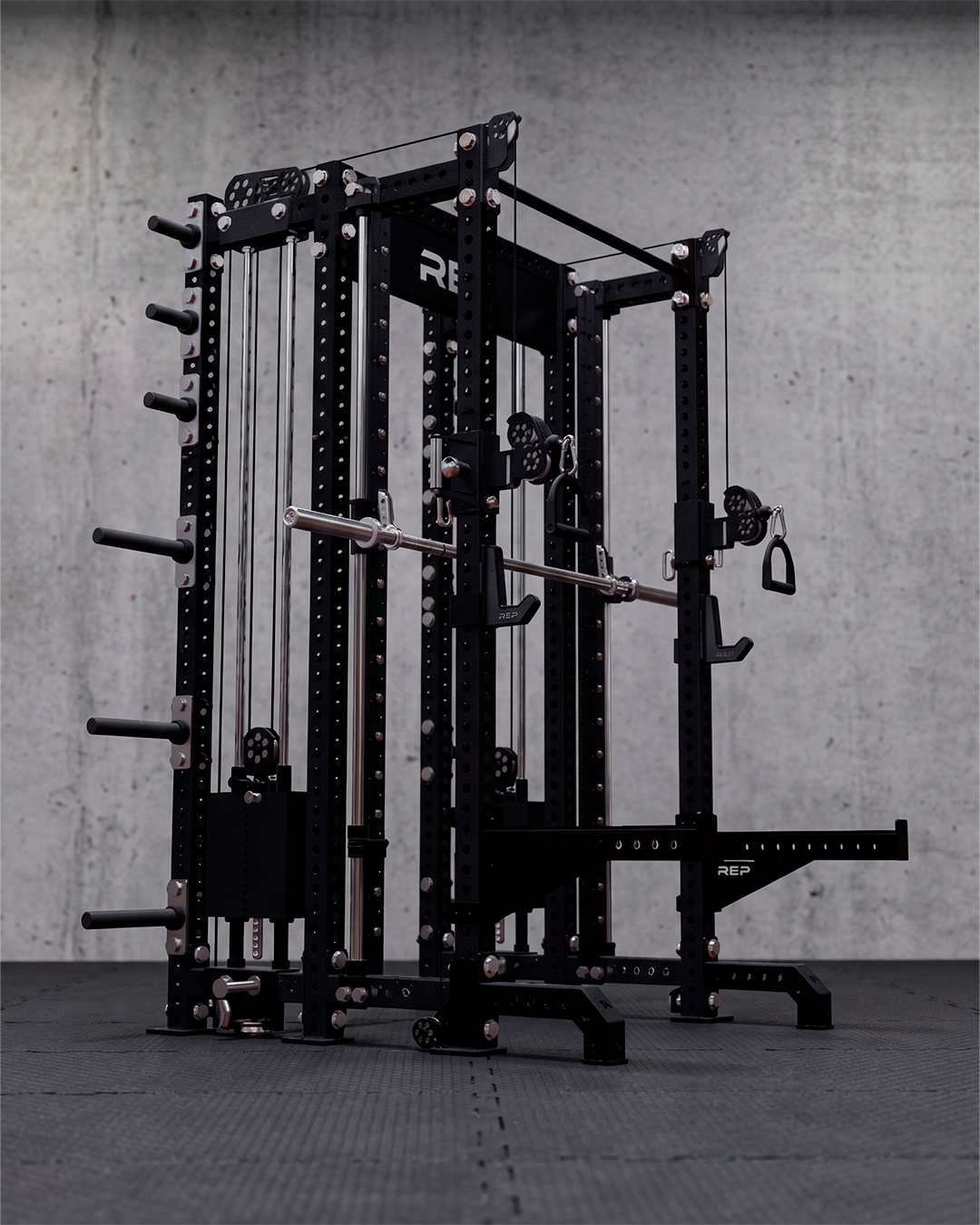 SUMMIT Rack 4 Post - Metallic Black 93" Height  Dual Athena and Inside Smith Machine