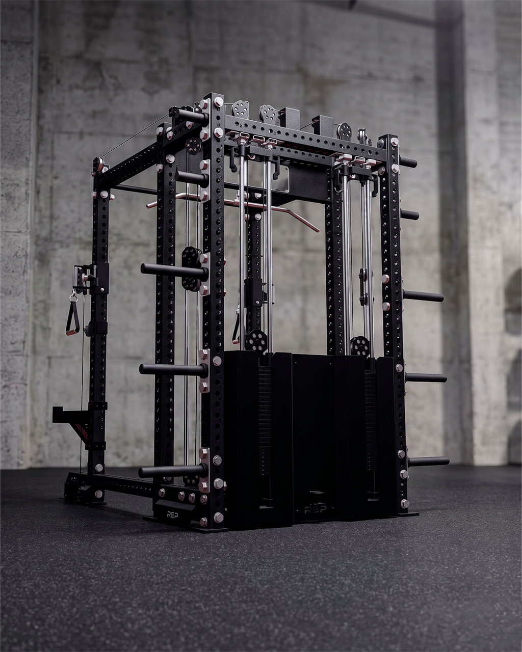 6 Post - Metallic Black 80"" Height  30"" Depth Dual Athena and Inside Smith Machine