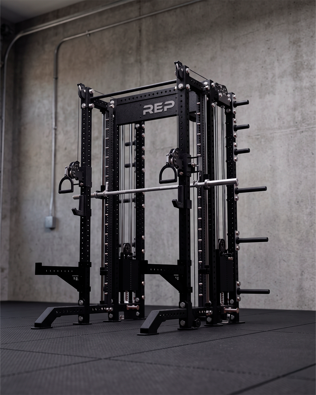 SUMMIT Rack 4 Post - Metallic Black 80" Height  Dual Athena and Inside Smith Machine