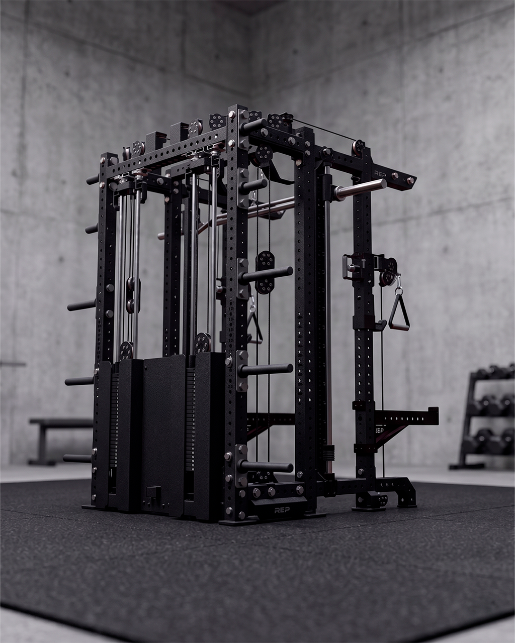 SUMMIT Rack 4 Post - Metallic Black 80 Height  Ares 2.0 and Inside Smith Machine