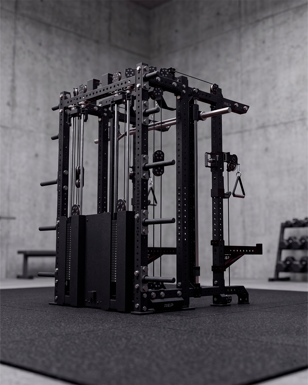 SUMMIT Rack 4 Post - Metallic Black 80 Height  Ares 2.0 and Inside Smith Machine