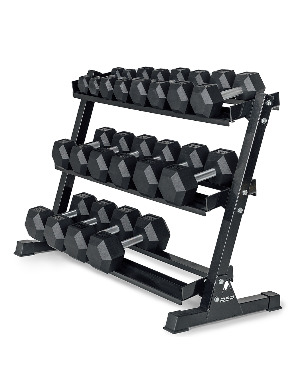 Hex Dumbbell Set and Metallic Black Dumbbell Rack