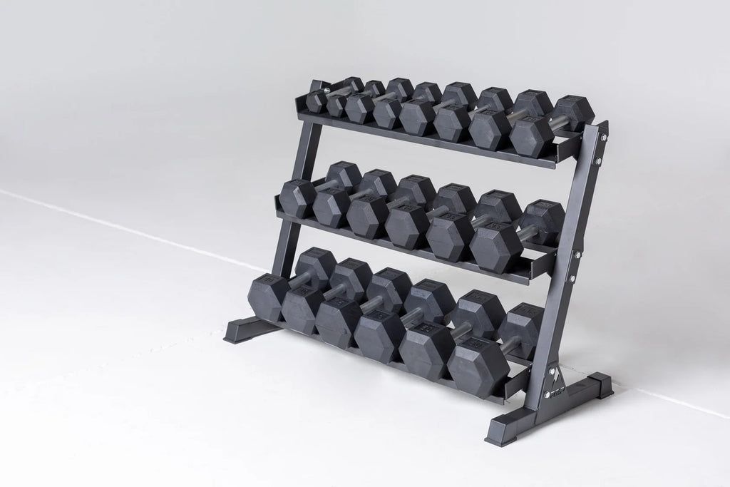 Hex Dumbbell Set and Metallic Black Dumbbell Rack