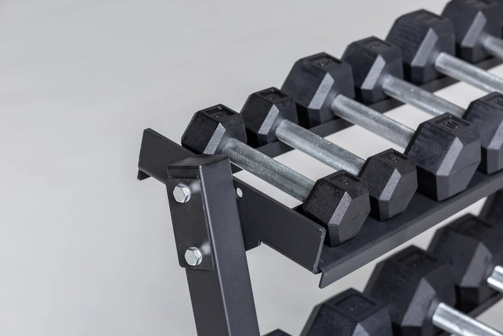 Hex Dumbbell Set and Metallic Black Dumbbell Rack
