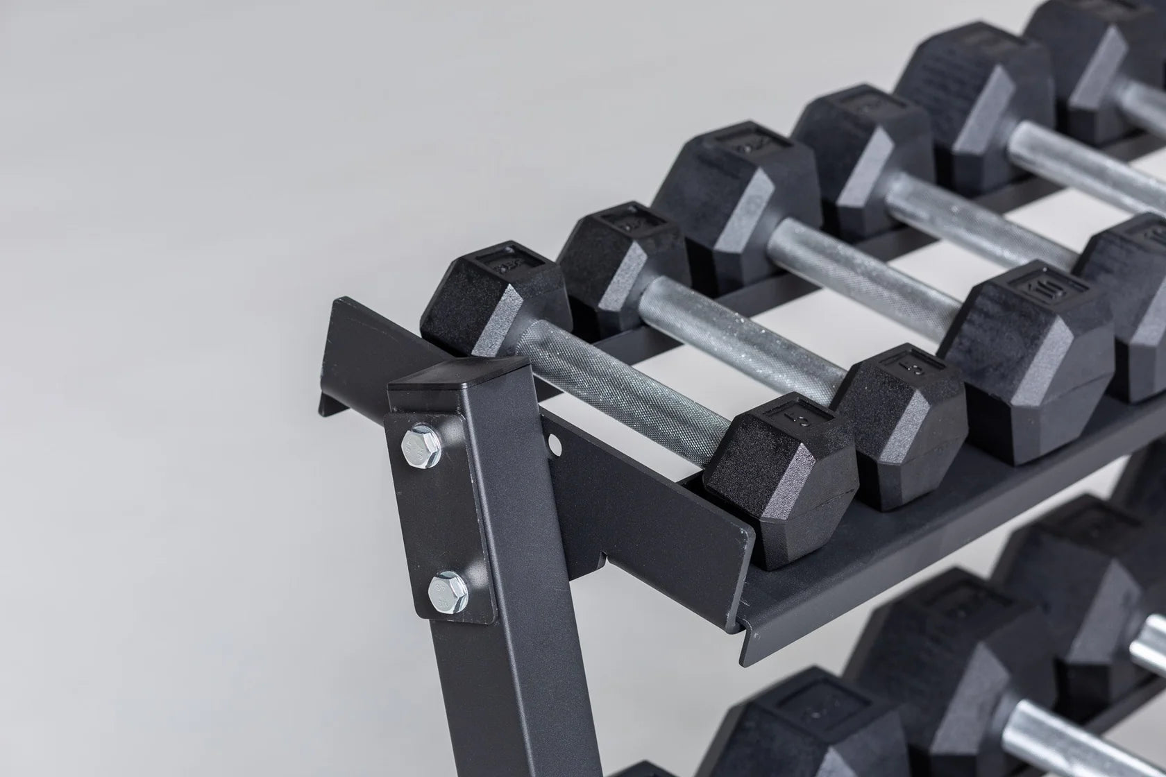 Hex Dumbbell Set and Metallic Black Dumbbell Rack