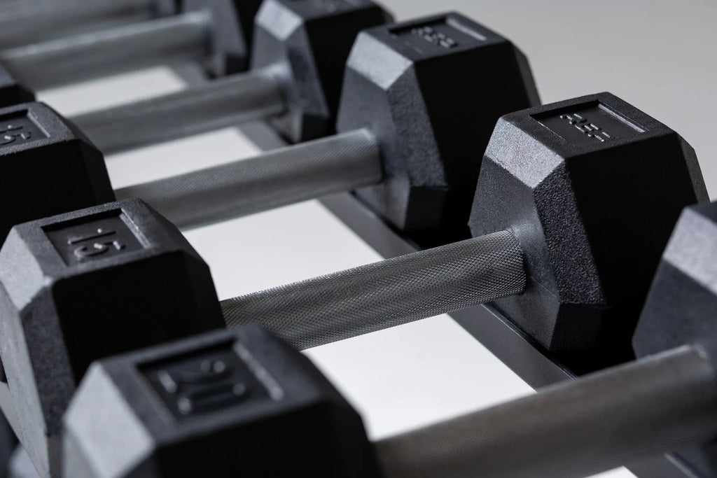 Hex Dumbbell Set and Metallic Black Dumbbell Rack