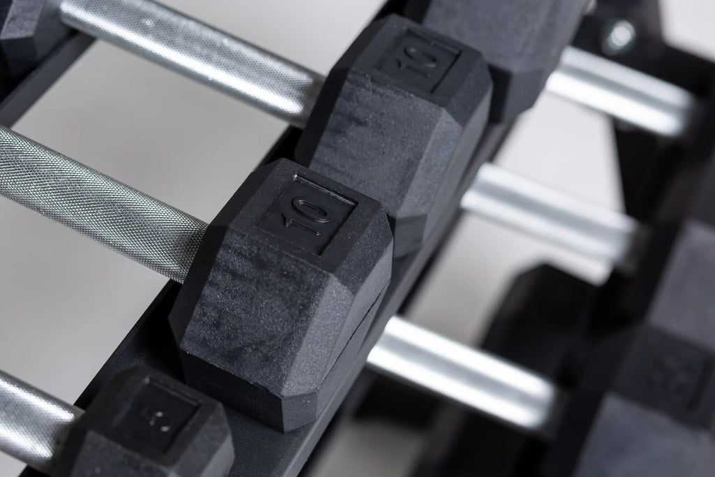 Hex Dumbbell Set and Metallic Black Dumbbell Rack