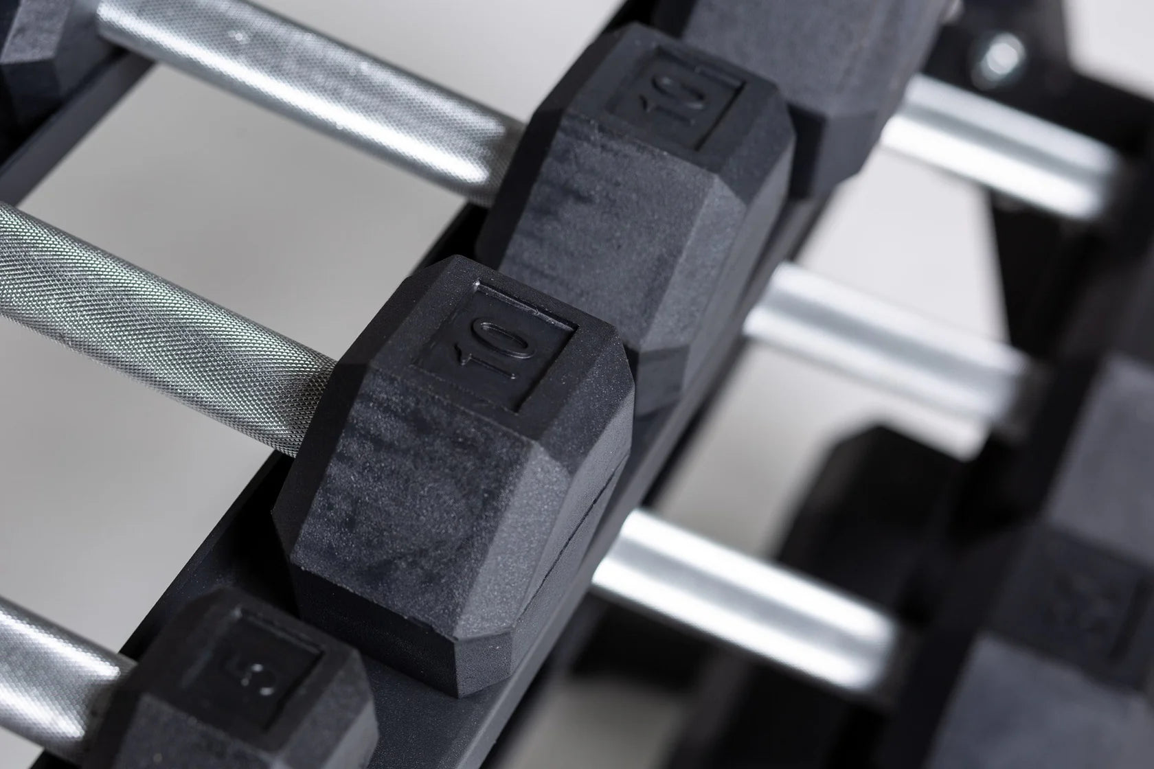 Hex Dumbbell Set and Metallic Black Dumbbell Rack